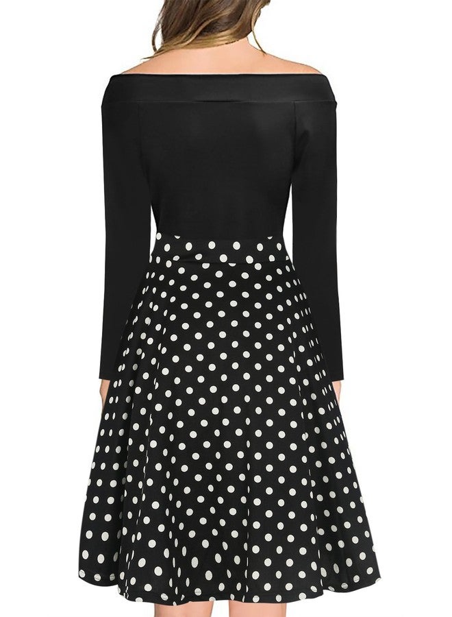 oxiuly Women's Vintage Polka Dot Slash Neck Long Sleeve Casual Pockets Swing Dress OX232 (XL, Black dot 9) - Image 2